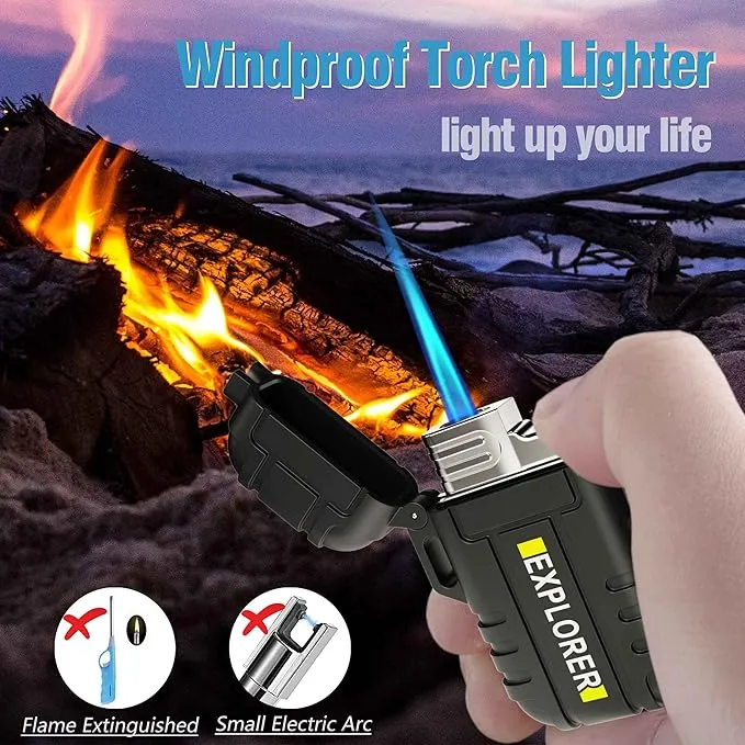 Torch Lighter, 2 Pack Butane Lighter, Windproof Outdoor Gas Lighter Adjustable Jet Flame Lighters, Fireplace Fireworks Grill Camping BBQ Lighter, Gifts for Men. (Without Gas) (Black Black)