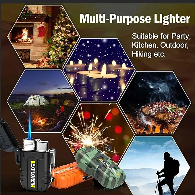 Torch Lighter, 2 Pack Butane Lighter, Windproof Outdoor Gas Lighter Adjustable Jet Flame Lighters, Fireplace Fireworks Grill Camping BBQ Lighter, Gifts for Men. (Without Gas) (Black Black)
