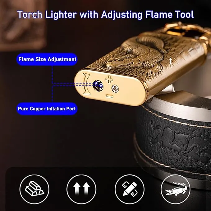 Torch Lighter, Relief Tiger Design Magic Dual Flame Lighter with Adjusting Flame Tool, Creative Windproof Lighter, Cool Jet Flame Butane Lighter, Refillable Butane Lighter for Outdoor Indoor