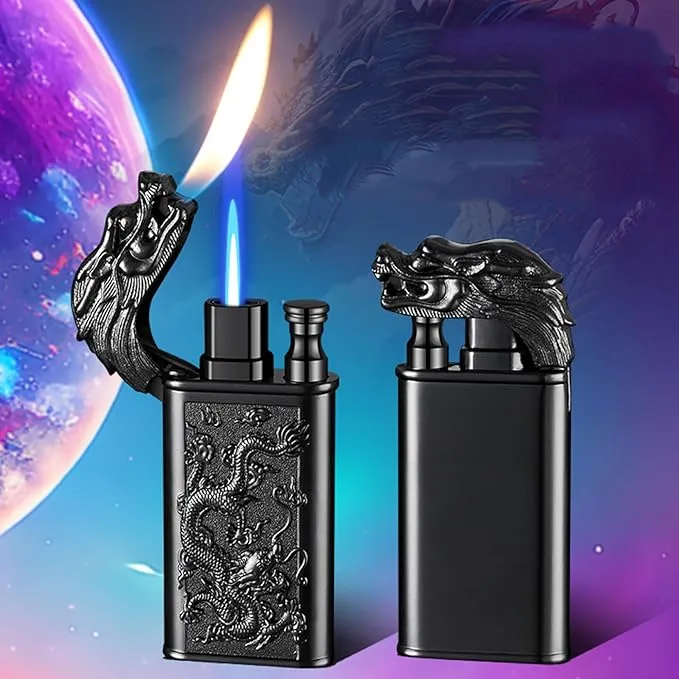 Torch Lighter, Relief Wolf Design Magic Dual Flame Lighter with Adjusting Flame Tool, Creative Windproof Lighter, Cool Jet Flame Butane Lighter, Refillable Butane Lighter for Outdoor Indoor-Gold Wolf