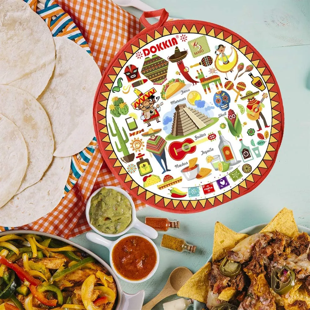 Tortilla Warmer Taco 12 Inch Insulated Pouch Cloth - Microwave Use Fabric Bag to Keep Food Warm for up to One Hour (Fiesta Maracas Sombrero Serape Poncho)