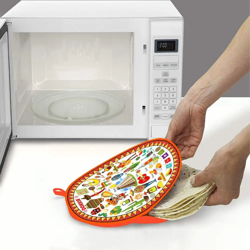Tortilla Warmer Taco 12 Inch Insulated Pouch Cloth - Microwave Use Fabric Bag to Keep Food Warm for up to One Hour (Fiesta Maracas Sombrero Serape Poncho)