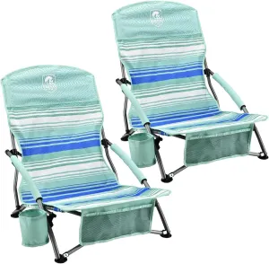 Trapper's Peak 2 Pack Low Profile Folding Beach Chairs with Cup Holder, Carry Bag, Mint Green Stripes – Outdoor Camping Chairs for Lawn and Patio
