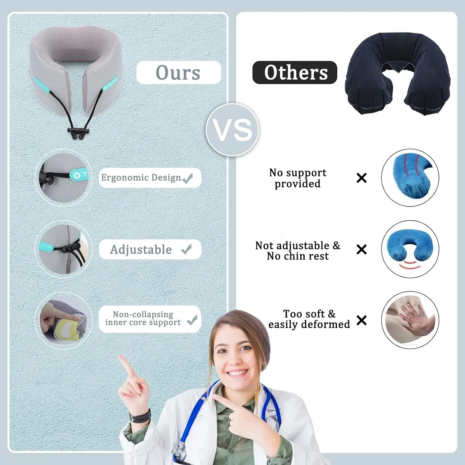 Travel Pillow Flight Neck Pillows Best Memory Foam Neck Pillows for Sleeping Airplane Car Home Office Chin Head Support Rest Travel Essentials with Compact Carry Bag Grey S