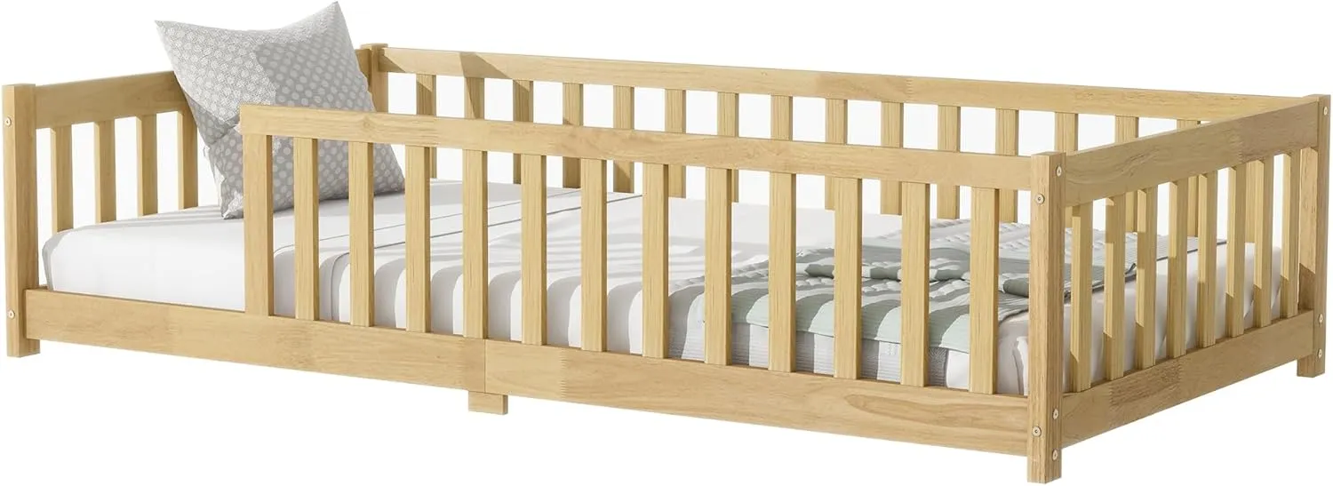 Twin Size Floor Bed with Fence and Without Door,Rubber Wood Floor Bed w/Safety Guardrails/Near The Ground,Easy to Assemble & No Box Spring Needed, Natural