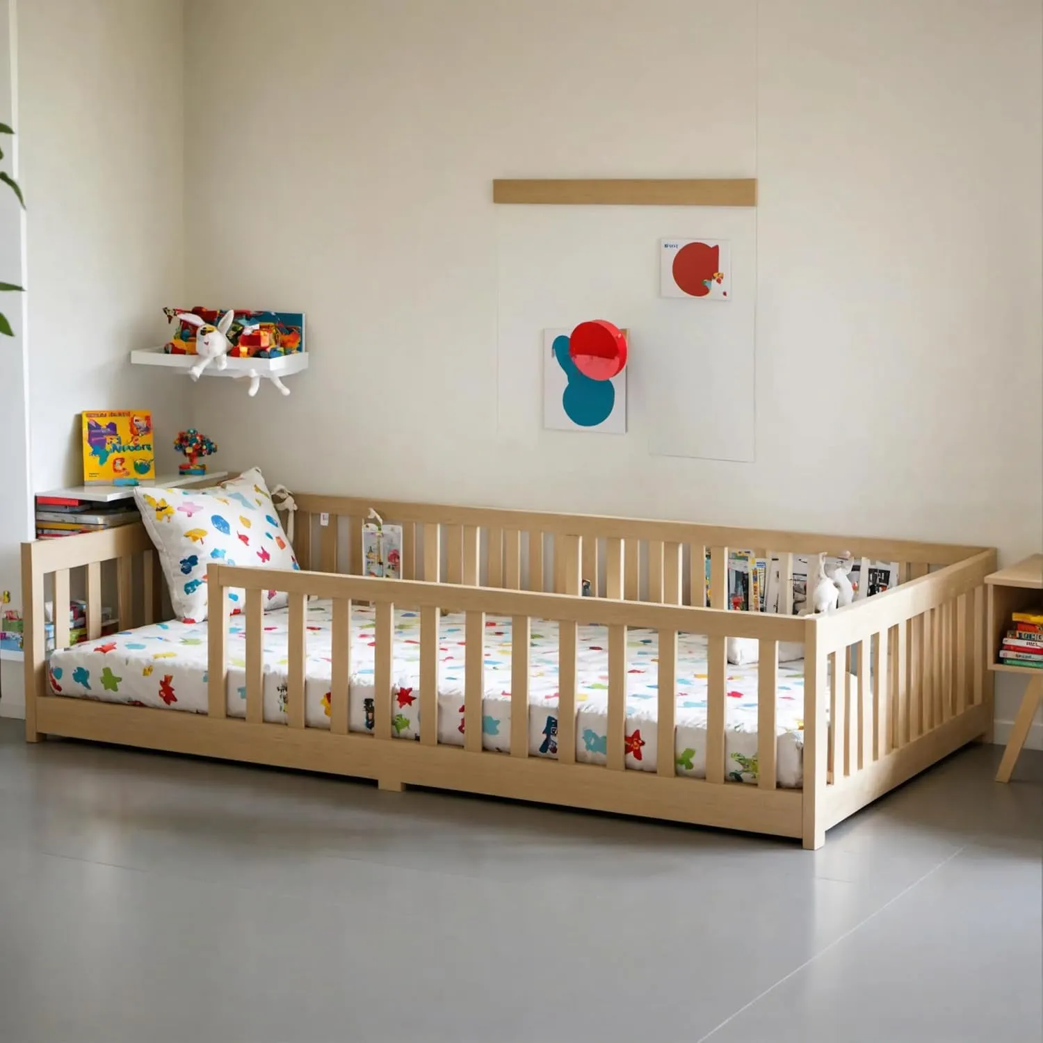 Twin Size Floor Bed with Fence and Without Door,Rubber Wood Floor Bed w/Safety Guardrails/Near The Ground,Easy to Assemble & No Box Spring Needed, Natural
