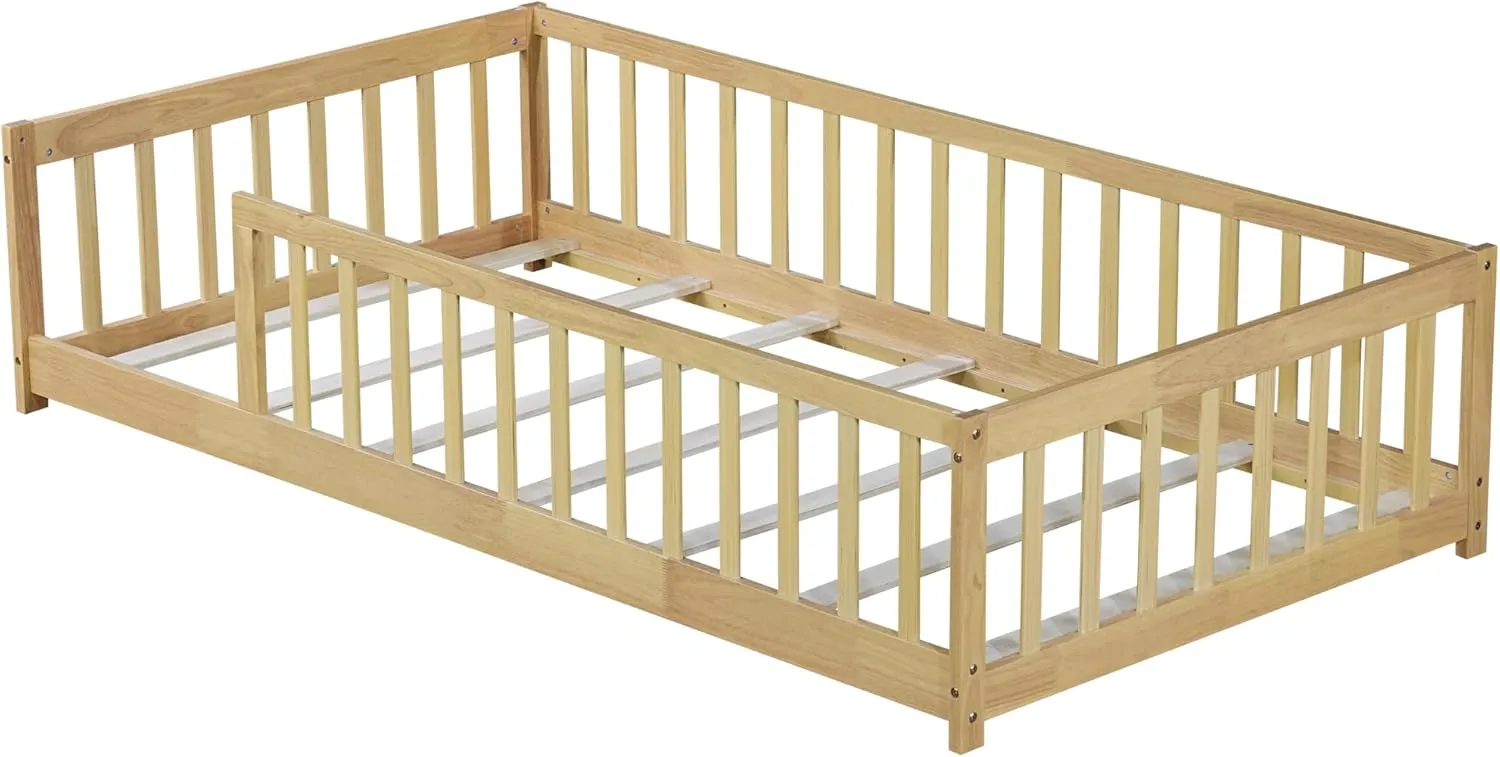 Twin Size Floor Bed with Fence and Without Door,Rubber Wood Floor Bed w/Safety Guardrails/Near The Ground,Easy to Assemble & No Box Spring Needed, Natural