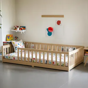 Twin Size Floor Bed with Fence and Without Door,Rubber Wood Floor Bed w/Safety Guardrails/Near The Ground,Easy to Assemble & No Box Spring Needed, Natural