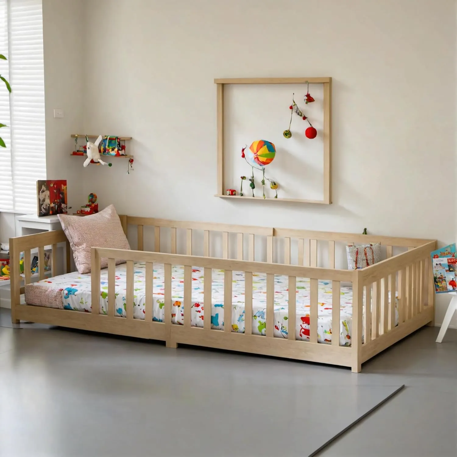 Twin Size Floor Bed with Fence and Without Door,Rubber Wood Floor Bed w/Safety Guardrails/Near The Ground,Easy to Assemble & No Box Spring Needed, Natural