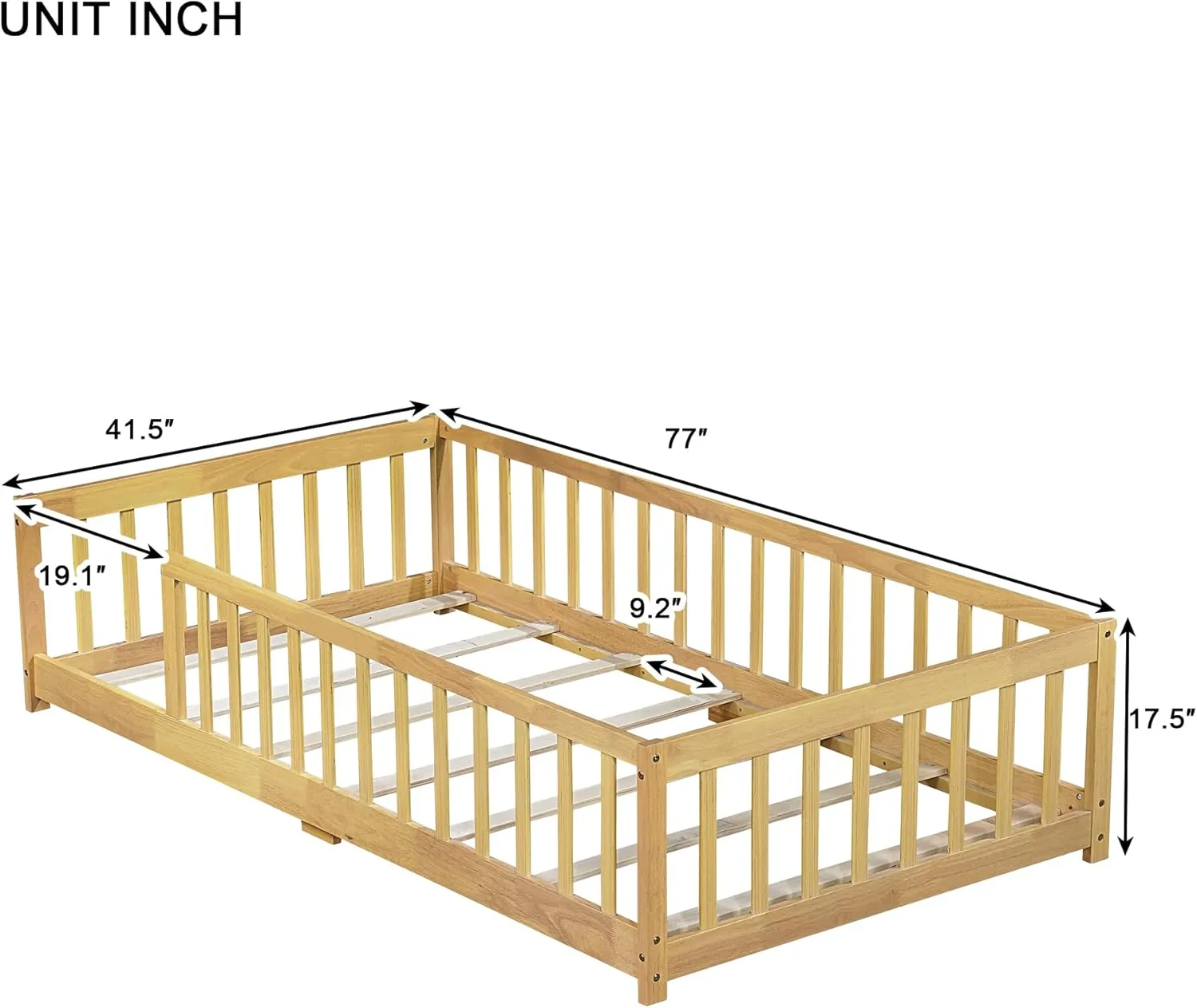 Twin Size Floor Bed with Fence and Without Door,Rubber Wood Floor Bed w/Safety Guardrails/Near The Ground,Easy to Assemble & No Box Spring Needed, Natural
