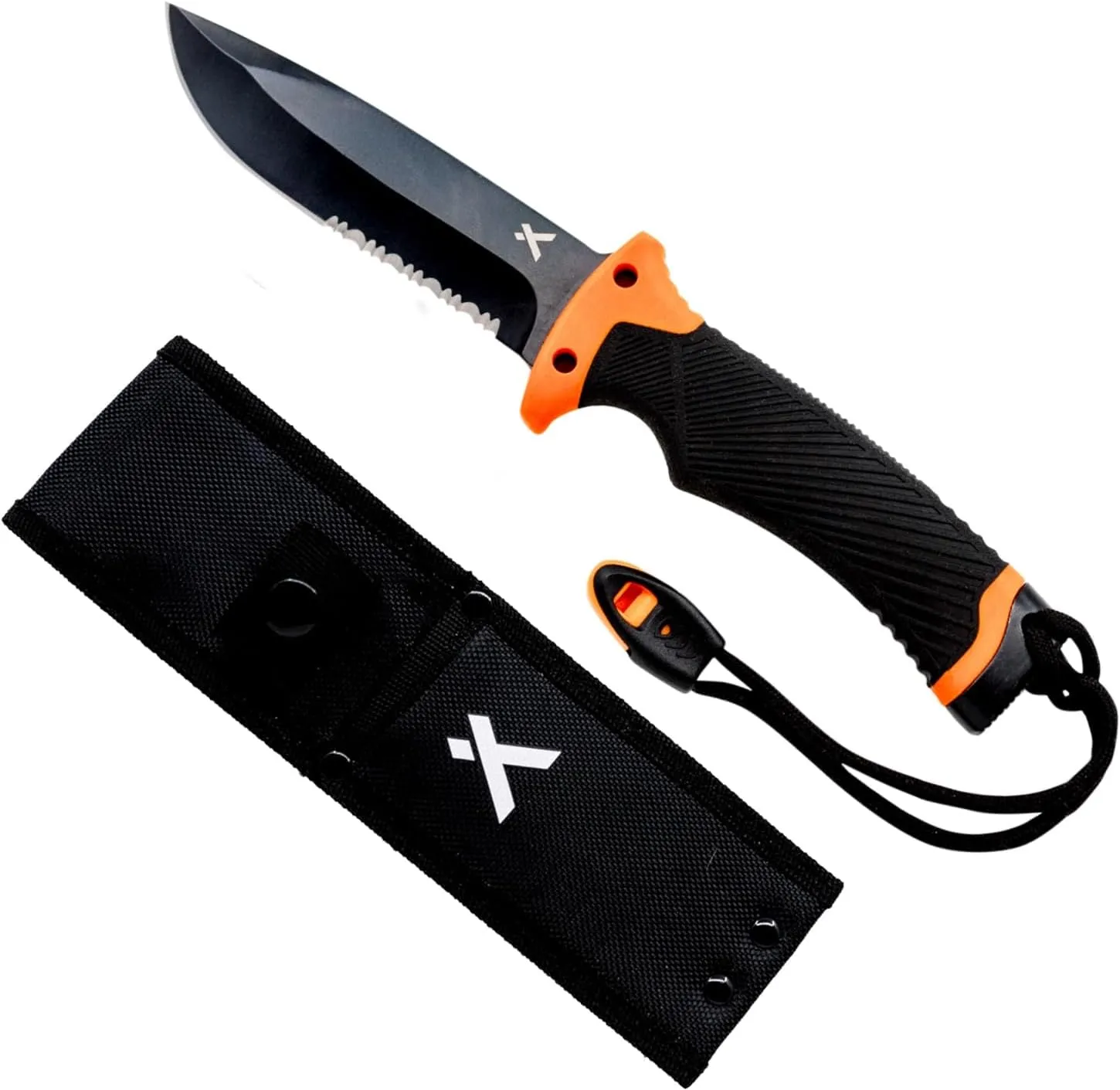 Ultimate Knife - Fixed Blade Knife, Full Tang with Serrated Edge, Fire Striking Edge, and Emergency Whistle, Includes Sheath - 4.75” Blade, Stainless Steel Blade, Black