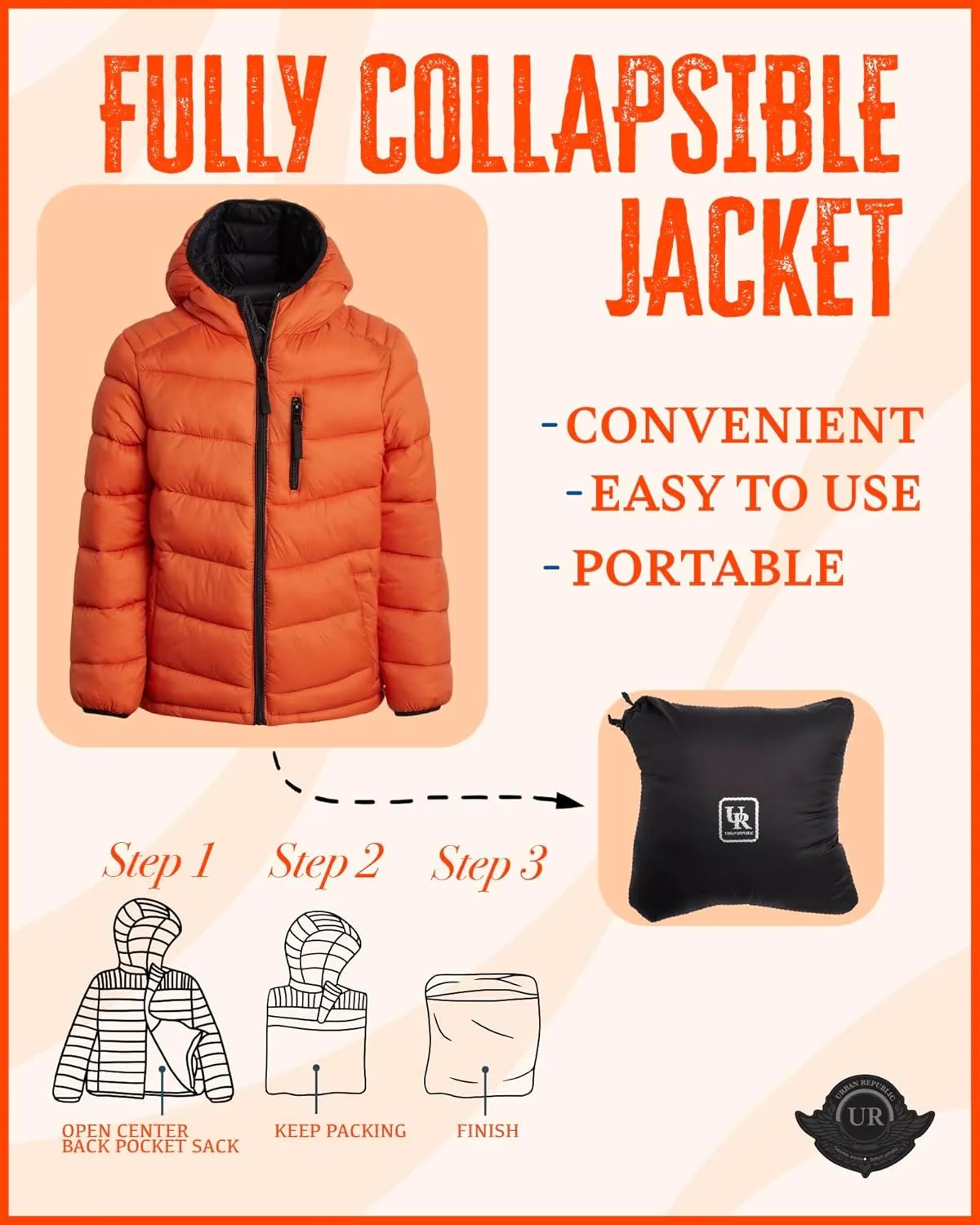 URBAN REPUBLIC Boys’ Foldable Hooded Jacket – Insulated Weather Resistant Bubble Puffer Windbreaker Coat for Boys Sizes 4-20