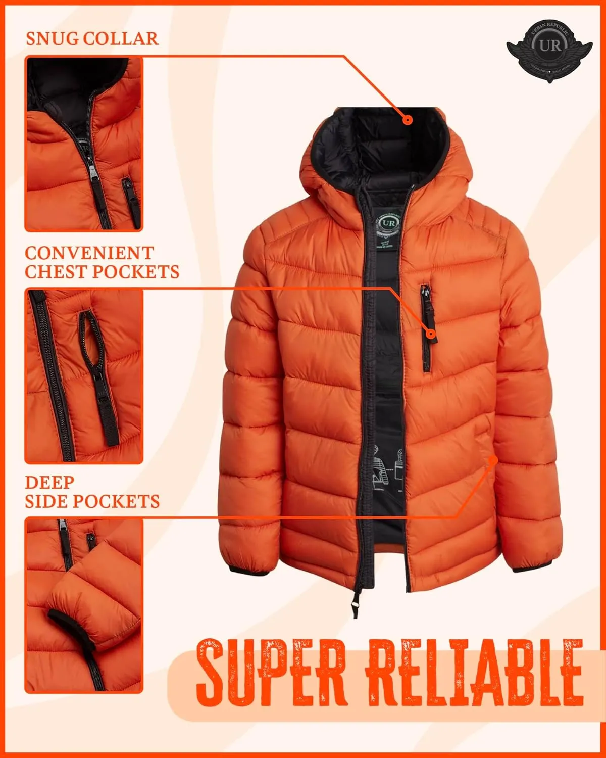 URBAN REPUBLIC Boys’ Foldable Hooded Jacket – Insulated Weather Resistant Bubble Puffer Windbreaker Coat for Boys Sizes 4-20