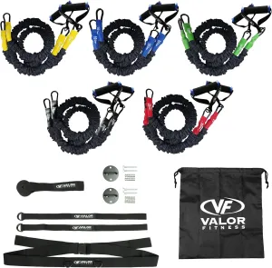 Valor Fitness Resistance Bands - 5lb to 25lbs - Carabiners Attached & 2 Bands per Weight Option with Handles– Sheath Covered - Strength Training New Compact 39" Design - Wall Door Rack Mount Options