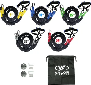 Valor Fitness Resistance Bands - 5lb to 25lbs - Carabiners Attached & 2 Bands per Weight Option with Handles– Sheath Covered - Strength Training New Compact 39" Design - Wall Door Rack Mount Options