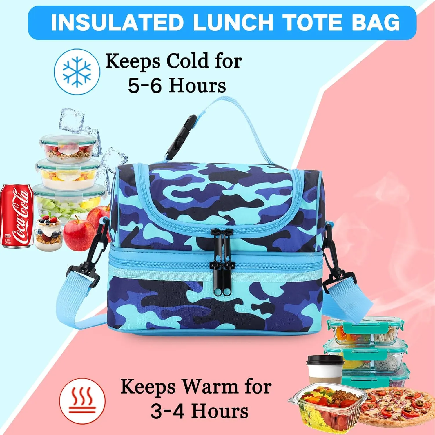 VASCHY Lunch Box Bag Kids, Insulated Two Compartments Cooler Bags for Toddler Boys w Shoulder Strap for School,Daycare,Kindergarten,Picnic Camo