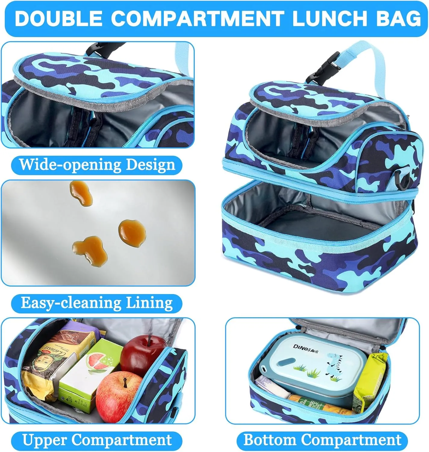 VASCHY Lunch Box Bag Kids, Insulated Two Compartments Cooler Bags for Toddler Boys w Shoulder Strap for School,Daycare,Kindergarten,Picnic Camo
