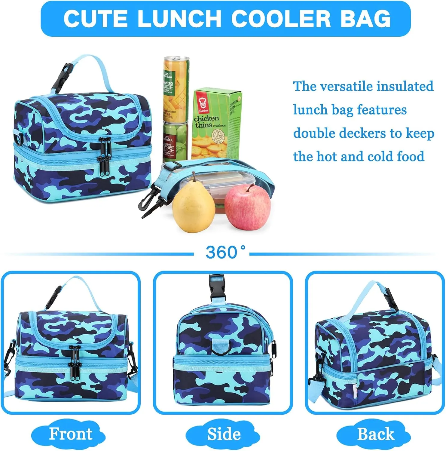 VASCHY Lunch Box Bag Kids, Insulated Two Compartments Cooler Bags for Toddler Boys w Shoulder Strap for School,Daycare,Kindergarten,Picnic Camo