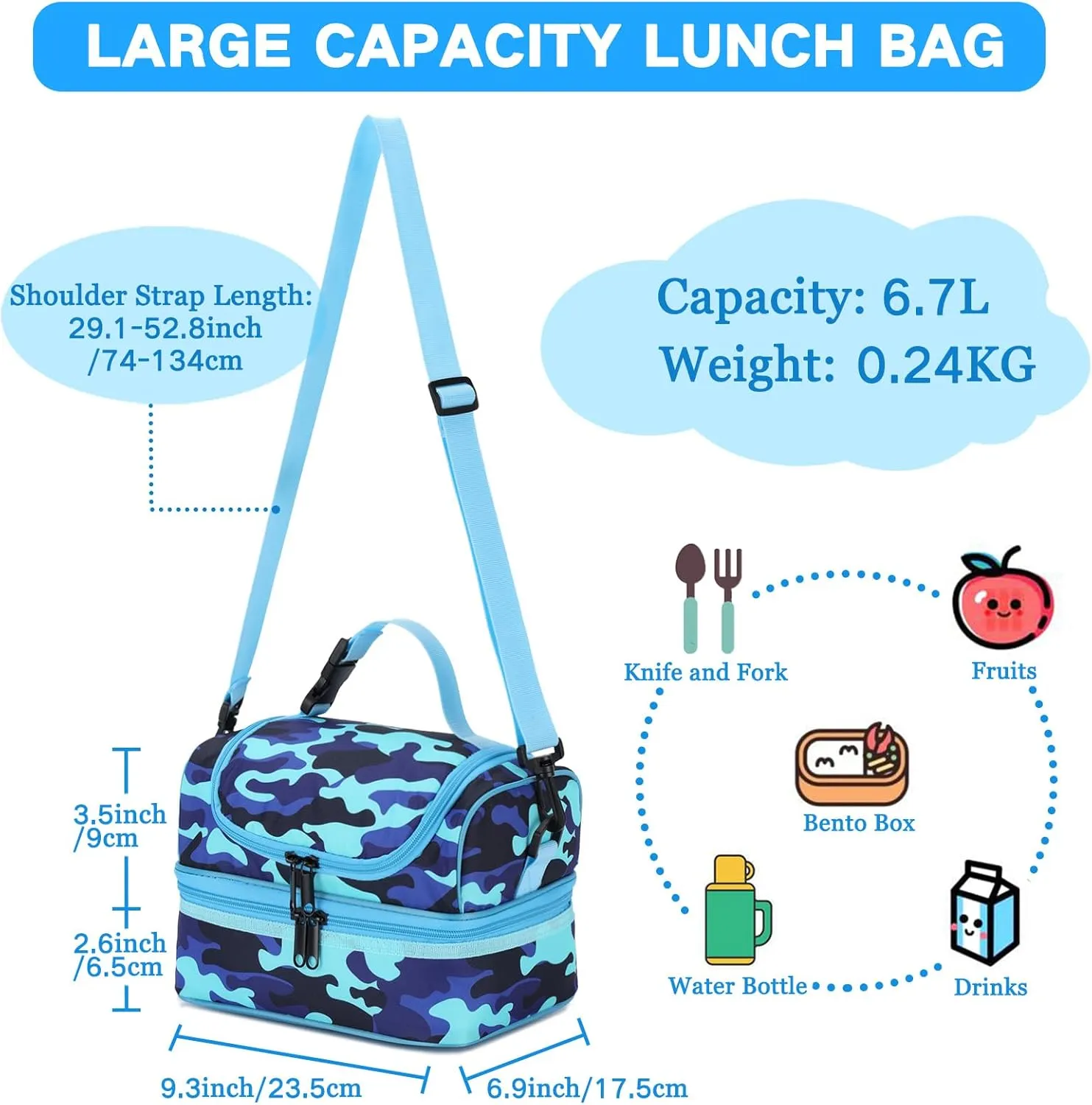 VASCHY Lunch Box Bag Kids, Insulated Two Compartments Cooler Bags for Toddler Boys w Shoulder Strap for School,Daycare,Kindergarten,Picnic Camo