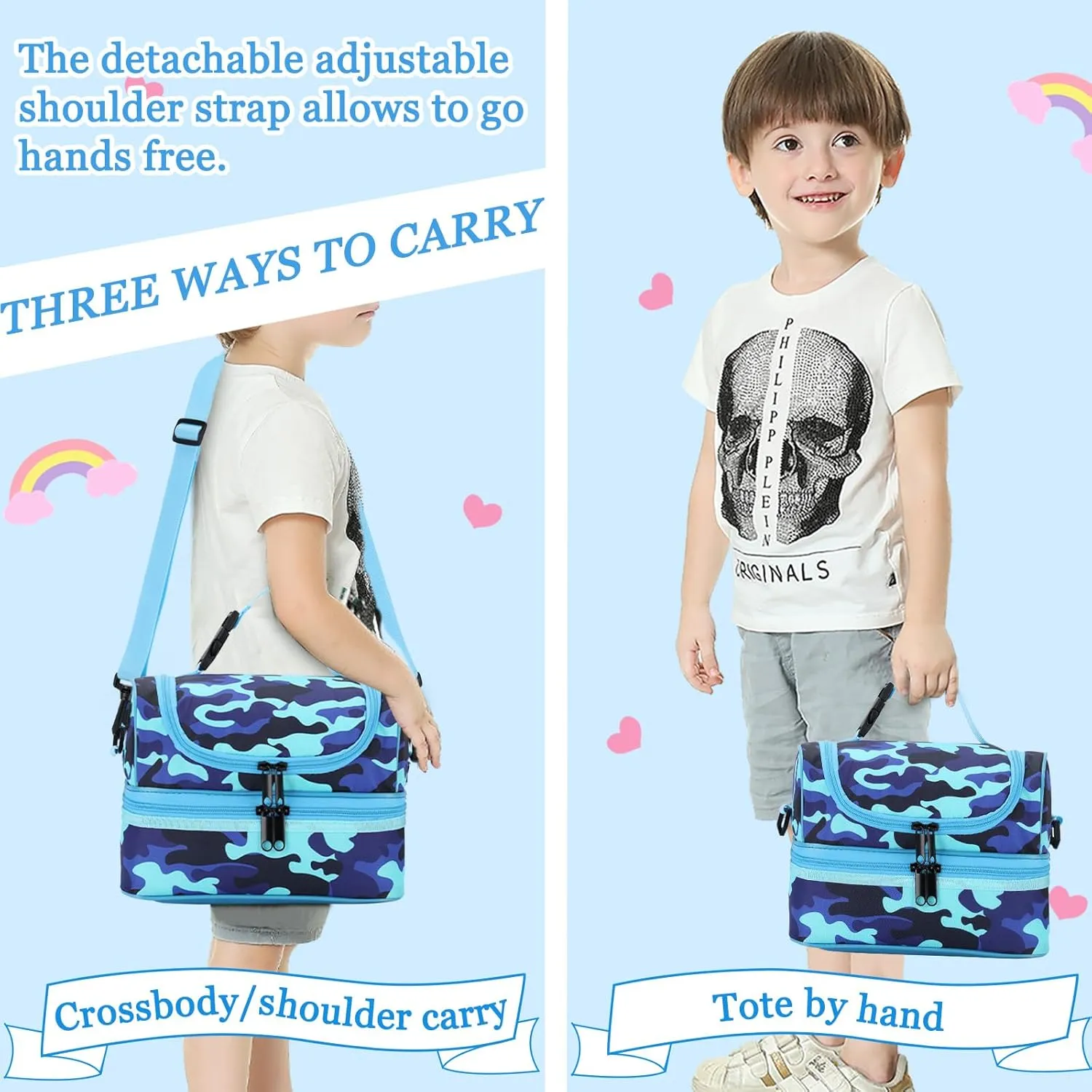 VASCHY Lunch Box Bag Kids, Insulated Two Compartments Cooler Bags for Toddler Boys w Shoulder Strap for School,Daycare,Kindergarten,Picnic Camo