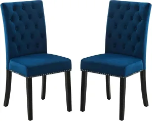 Velvet Upholstered Dining Kitchen Chairs Set of 2, Button Tufted Parsons Dining Room Chair with Solid Wood Legs, Modern Armless Accent Chairs with Nailhead Trim, Navy