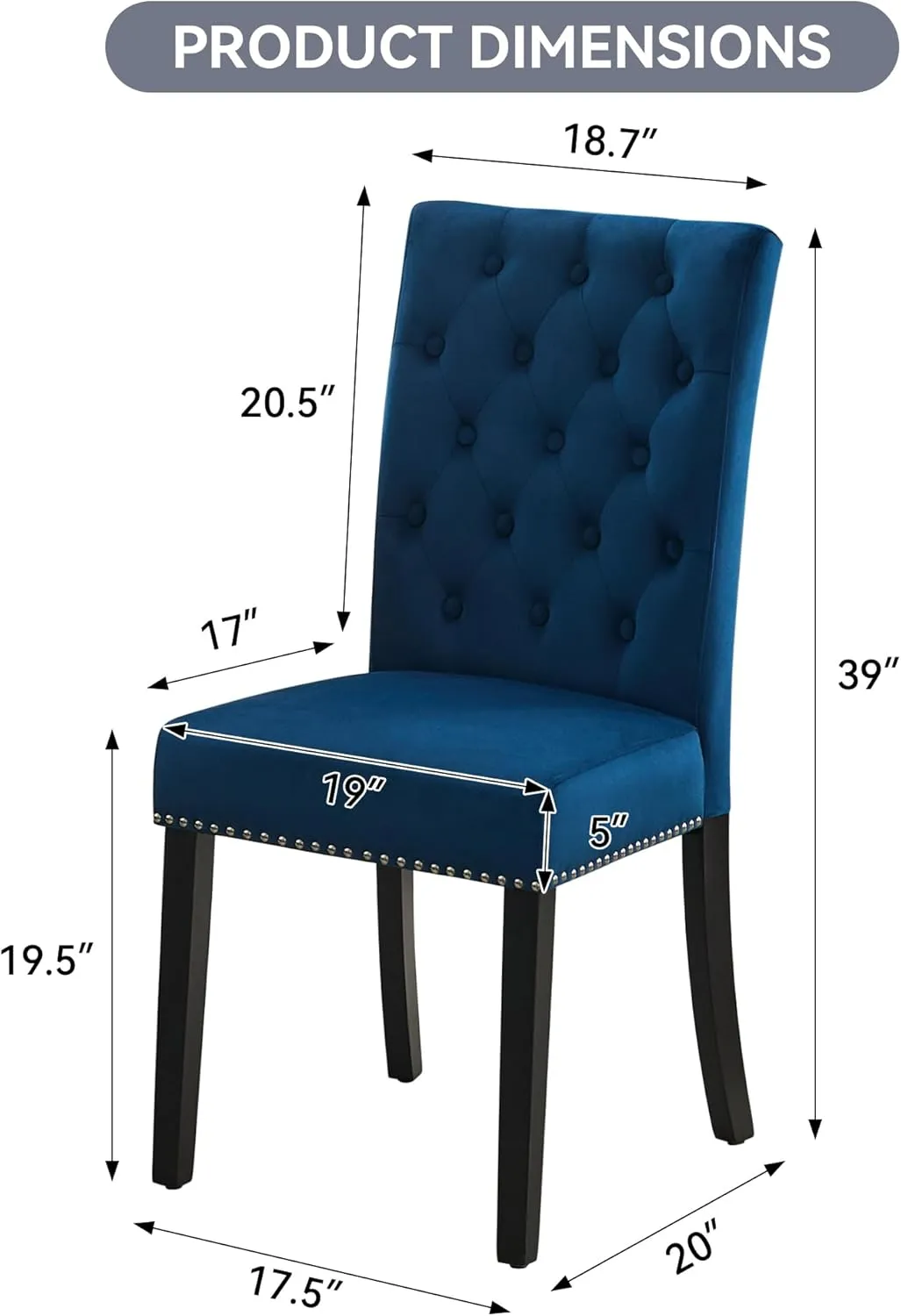 Velvet Upholstered Dining Kitchen Chairs Set of 2, Button Tufted Parsons Dining Room Chair with Solid Wood Legs, Modern Armless Accent Chairs with Nailhead Trim, Navy