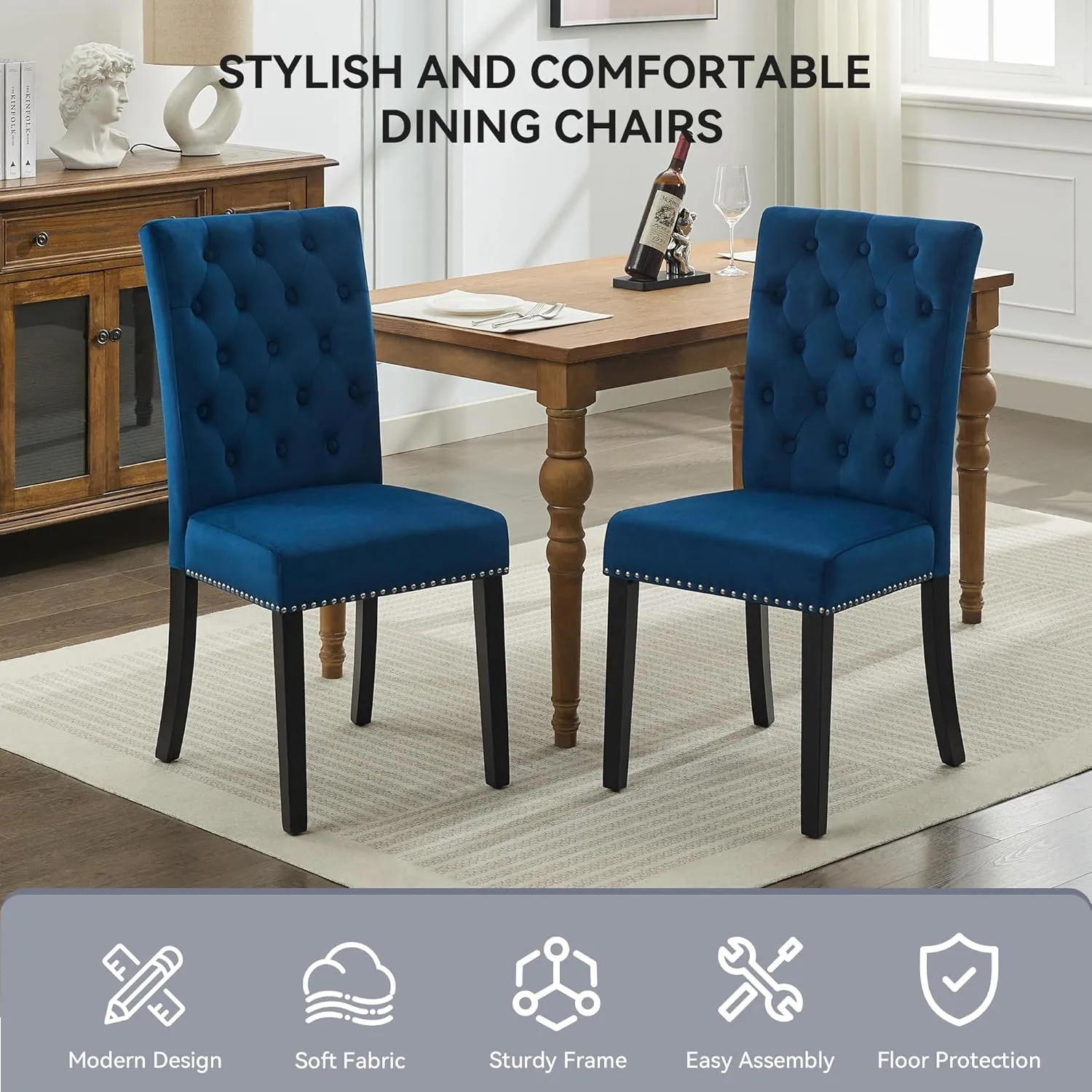 Velvet Upholstered Dining Kitchen Chairs Set of 2, Button Tufted Parsons Dining Room Chair with Solid Wood Legs, Modern Armless Accent Chairs with Nailhead Trim, Navy