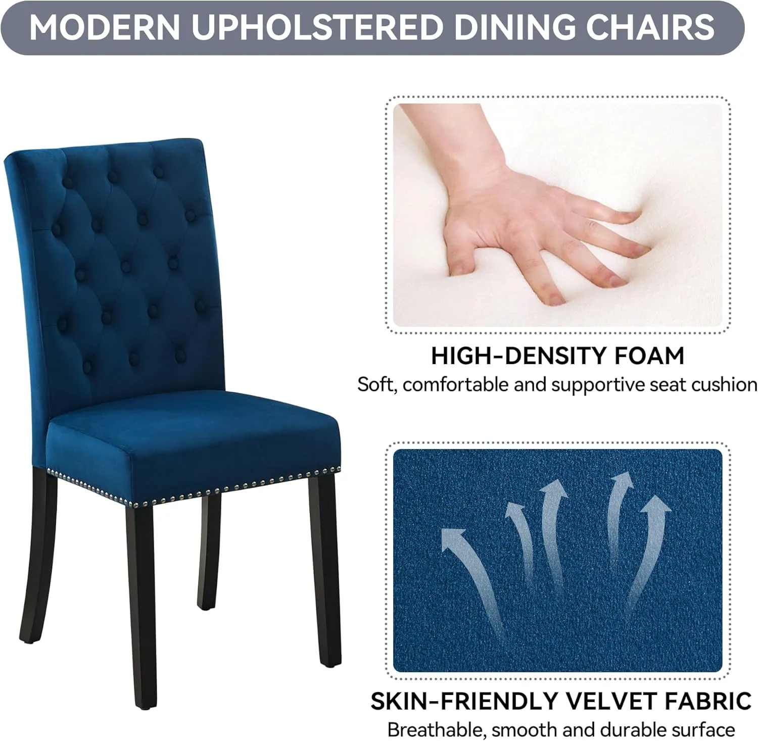 Velvet Upholstered Dining Kitchen Chairs Set of 2, Button Tufted Parsons Dining Room Chair with Solid Wood Legs, Modern Armless Accent Chairs with Nailhead Trim, Navy
