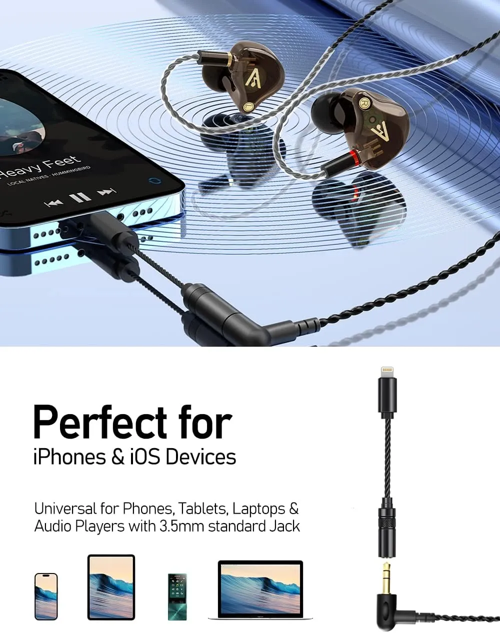 Vibes 201L Wired Earbuds in-Ear Headphones, Lightning to 3.5mm Adapter & Braided Cord, Noise Isolating Bass Driven Earphones, Carry Case, Ear Buds Tips, 3.5mm Jack (Clear Brown, No Mic)