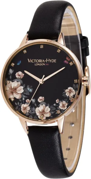 VICTORIA HYDE Floral Dial Watches for Women Analog Quartz Nice Wristwatch Flower Pattern Dial Women's Watches with Genuine Leather Band (Black Leather)