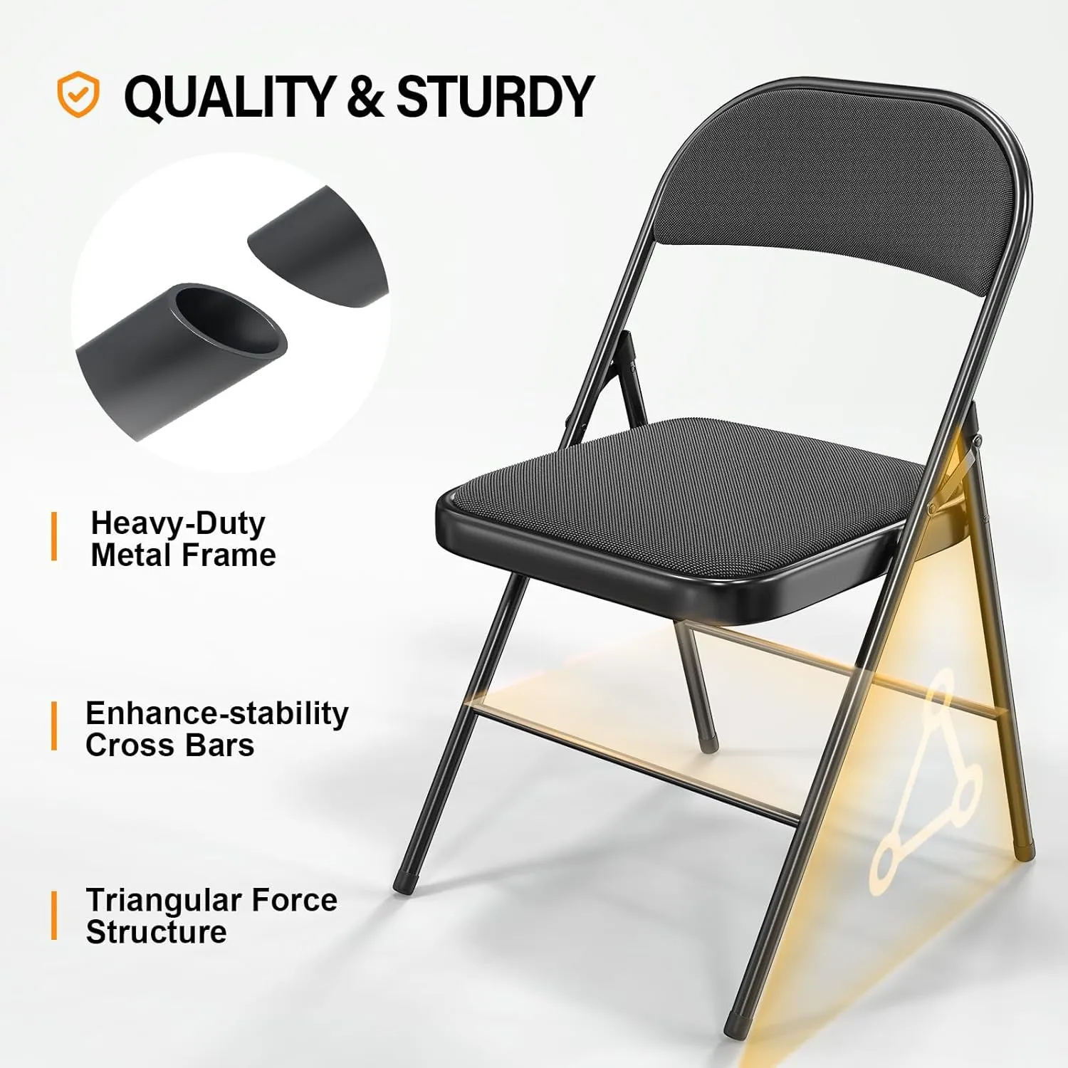 VINGLI 4 Pack Folding Chairs with Padded Seats, Metal Frame with Fabric Seat & Back, Capacity 350 lbs, Black, Set of 4