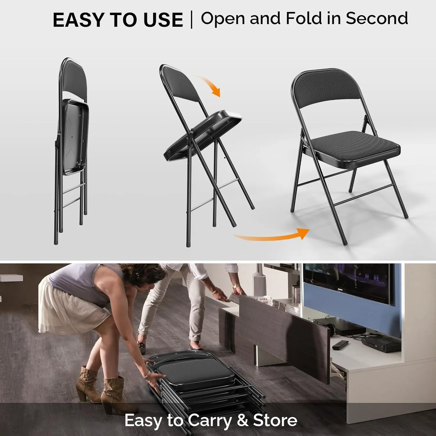 VINGLI 4 Pack Folding Chairs with Padded Seats, Metal Frame with Fabric Seat & Back, Capacity 350 lbs, Black, Set of 4