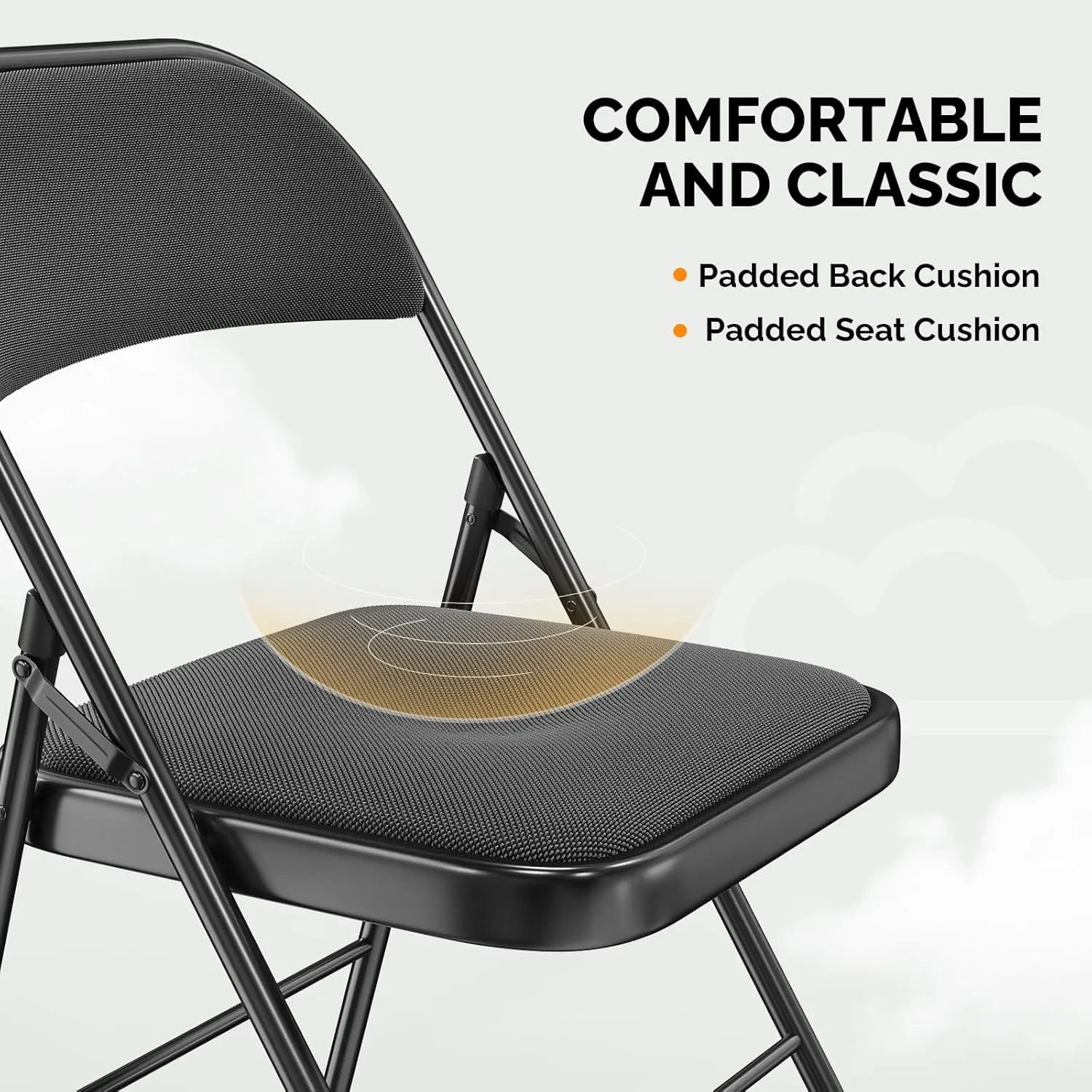 VINGLI 4 Pack Folding Chairs with Padded Seats, Metal Frame with Fabric Seat & Back, Capacity 350 lbs, Black, Set of 4