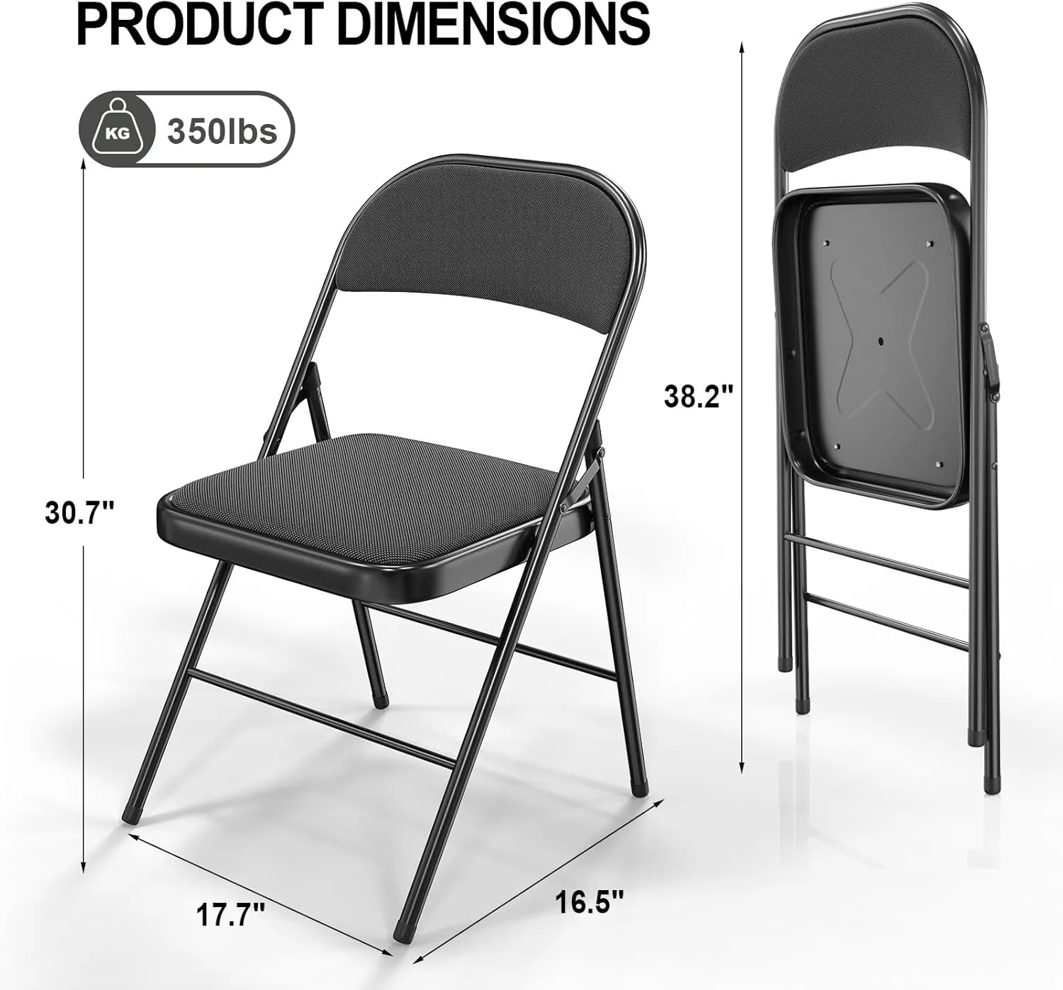 VINGLI 4 Pack Folding Chairs with Padded Seats, Metal Frame with Fabric Seat & Back, Capacity 350 lbs, Black, Set of 4