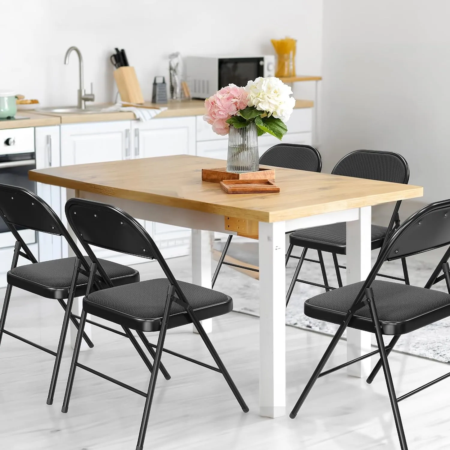 VINGLI 4 Pack Folding Chairs with Padded Seats, Metal Frame with Fabric Seat & Back, Capacity 350 lbs, Black, Set of 4