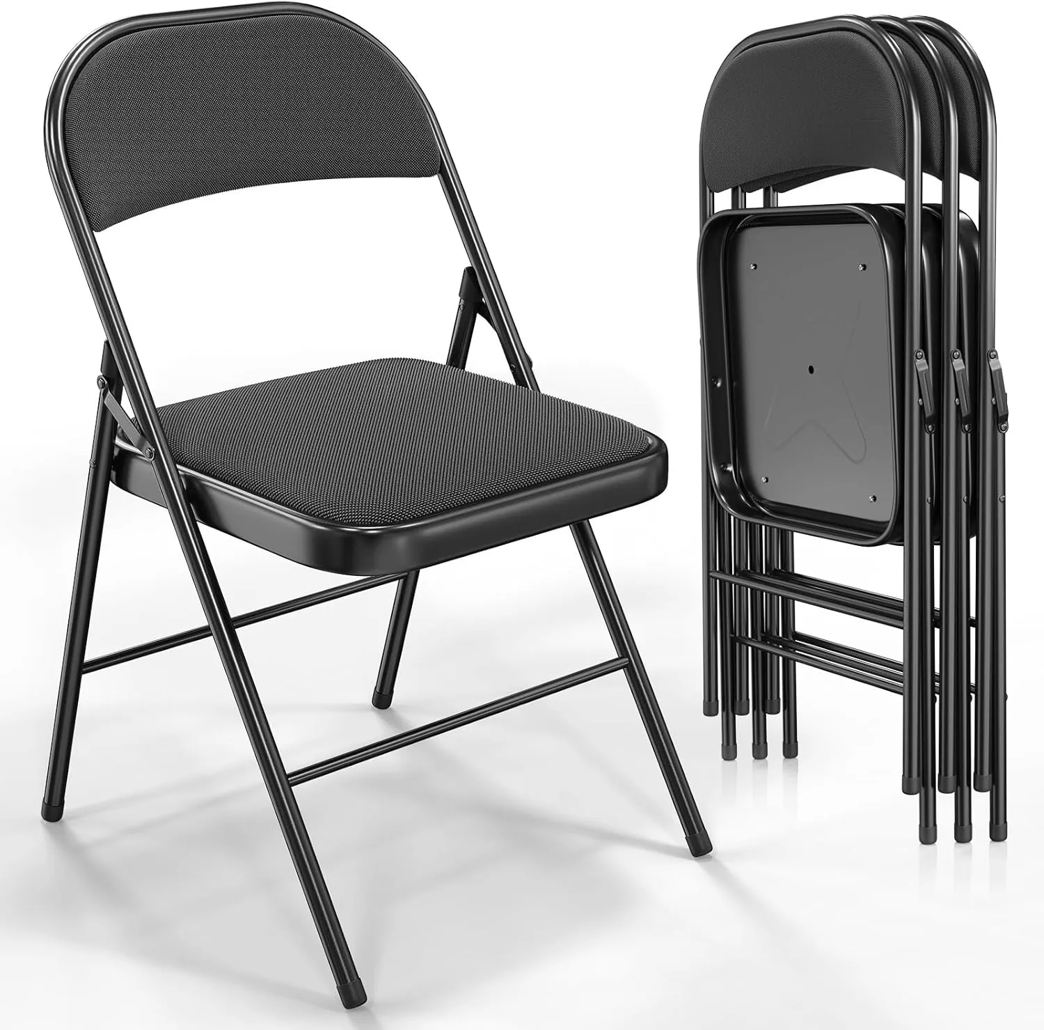 VINGLI 4 Pack Folding Chairs with Padded Seats, Metal Frame with Fabric Seat & Back, Capacity 350 lbs, Black, Set of 4