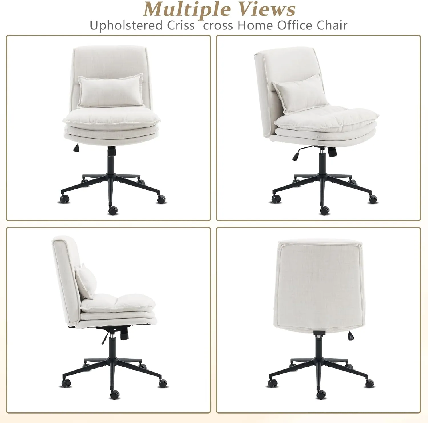 VINGLI Cloud Criss Cross Legged Chair,18" High Back Armless Home Office Desk Chair with Wheels,Wide Adjustable Comfy Padded Seat Task Computer Chair,Modern Swivel Makeup Vanity Chair,Fabric,Beige