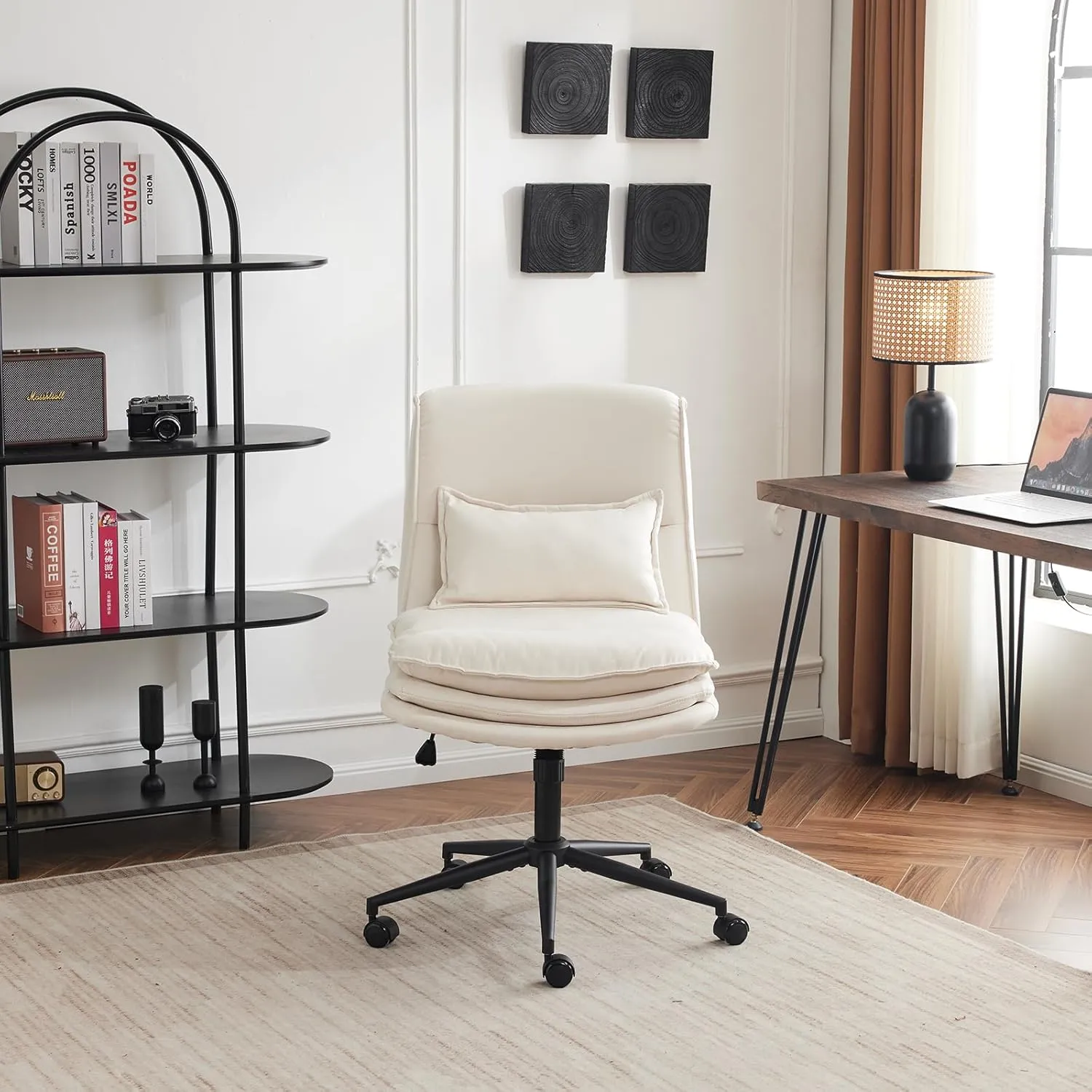 VINGLI Cloud Criss Cross Legged Chair,18" High Back Armless Home Office Desk Chair with Wheels,Wide Adjustable Comfy Padded Seat Task Computer Chair,Modern Swivel Makeup Vanity Chair,Microfiber,Beige