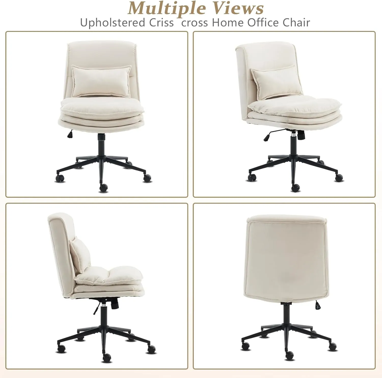VINGLI Cloud Criss Cross Legged Chair,18" High Back Armless Home Office Desk Chair with Wheels,Wide Adjustable Comfy Padded Seat Task Computer Chair,Modern Swivel Makeup Vanity Chair,Microfiber,Beige