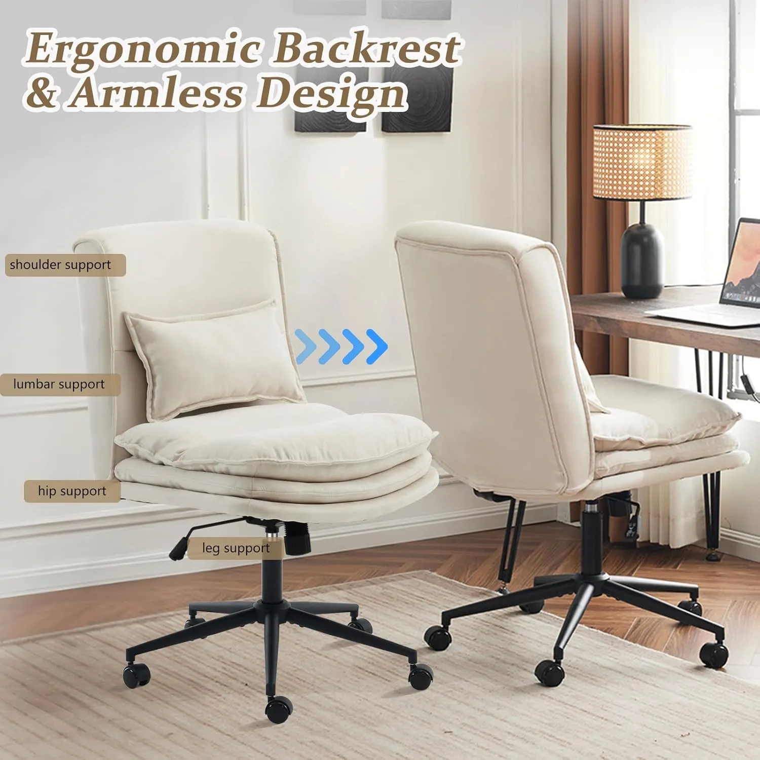 VINGLI Cloud Criss Cross Legged Chair,18" High Back Armless Home Office Desk Chair with Wheels,Wide Adjustable Comfy Padded Seat Task Computer Chair,Modern Swivel Makeup Vanity Chair,Microfiber,Beige