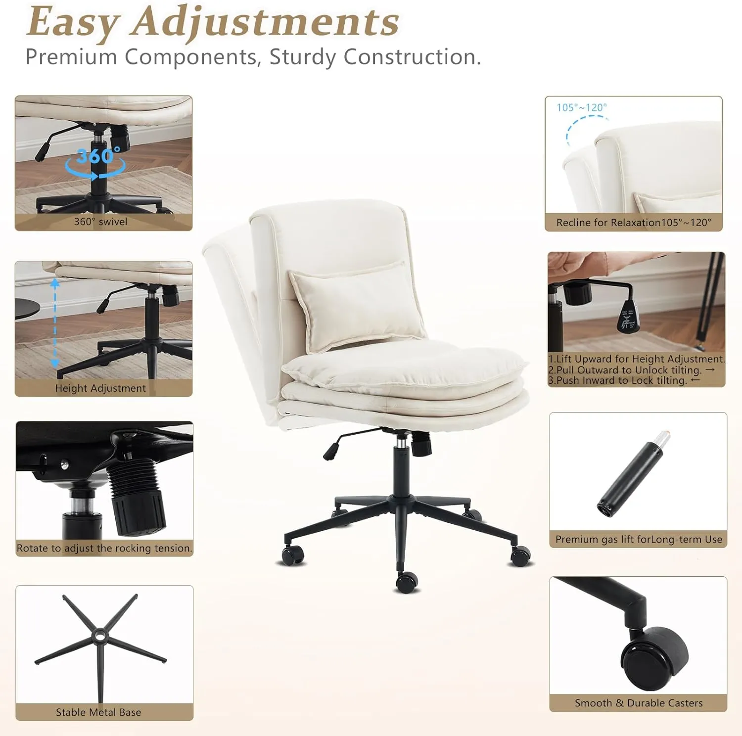 VINGLI Cloud Criss Cross Legged Chair,18" High Back Armless Home Office Desk Chair with Wheels,Wide Adjustable Comfy Padded Seat Task Computer Chair,Modern Swivel Makeup Vanity Chair,Microfiber,Beige