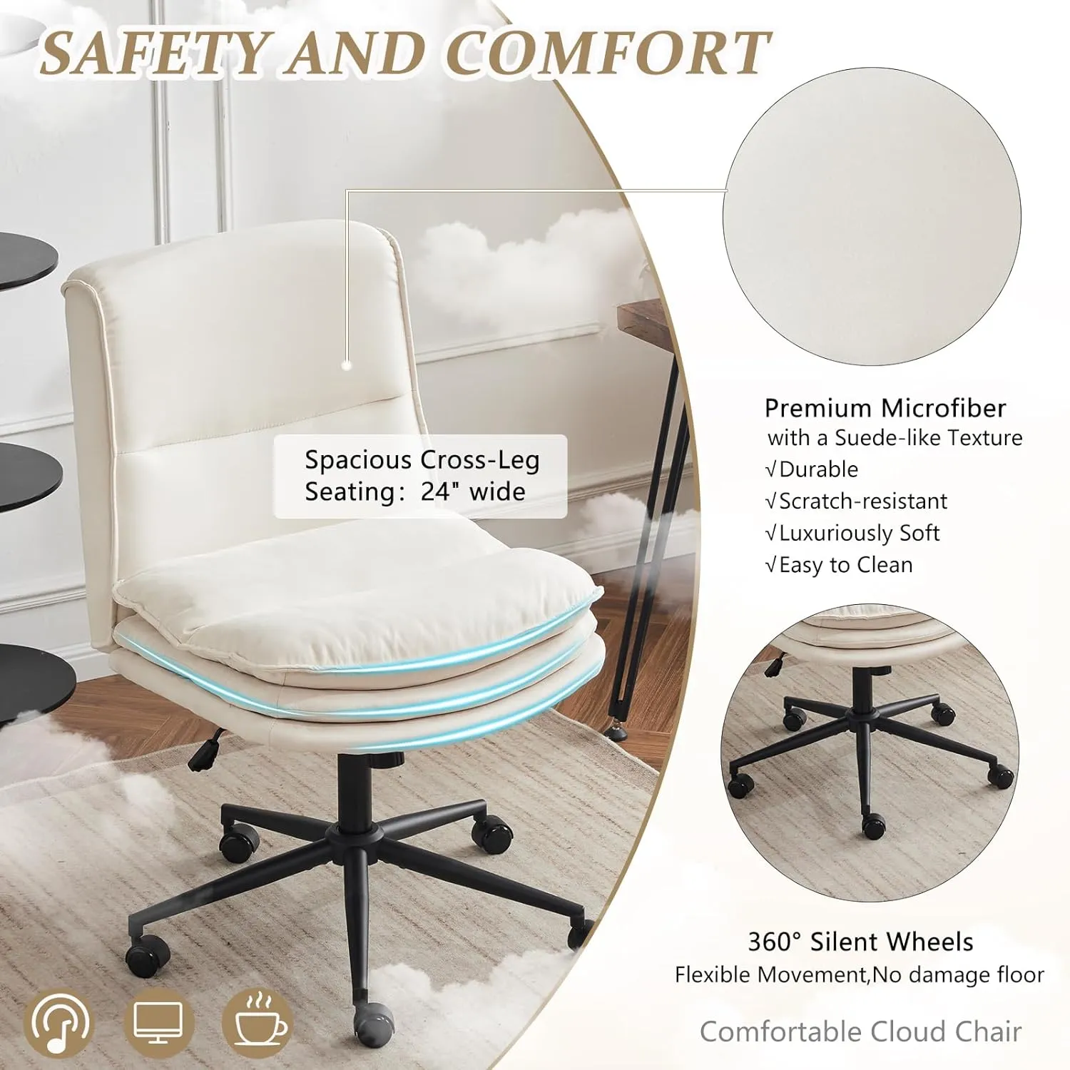 VINGLI Cloud Criss Cross Legged Chair,18" High Back Armless Home Office Desk Chair with Wheels,Wide Adjustable Comfy Padded Seat Task Computer Chair,Modern Swivel Makeup Vanity Chair,Microfiber,Beige