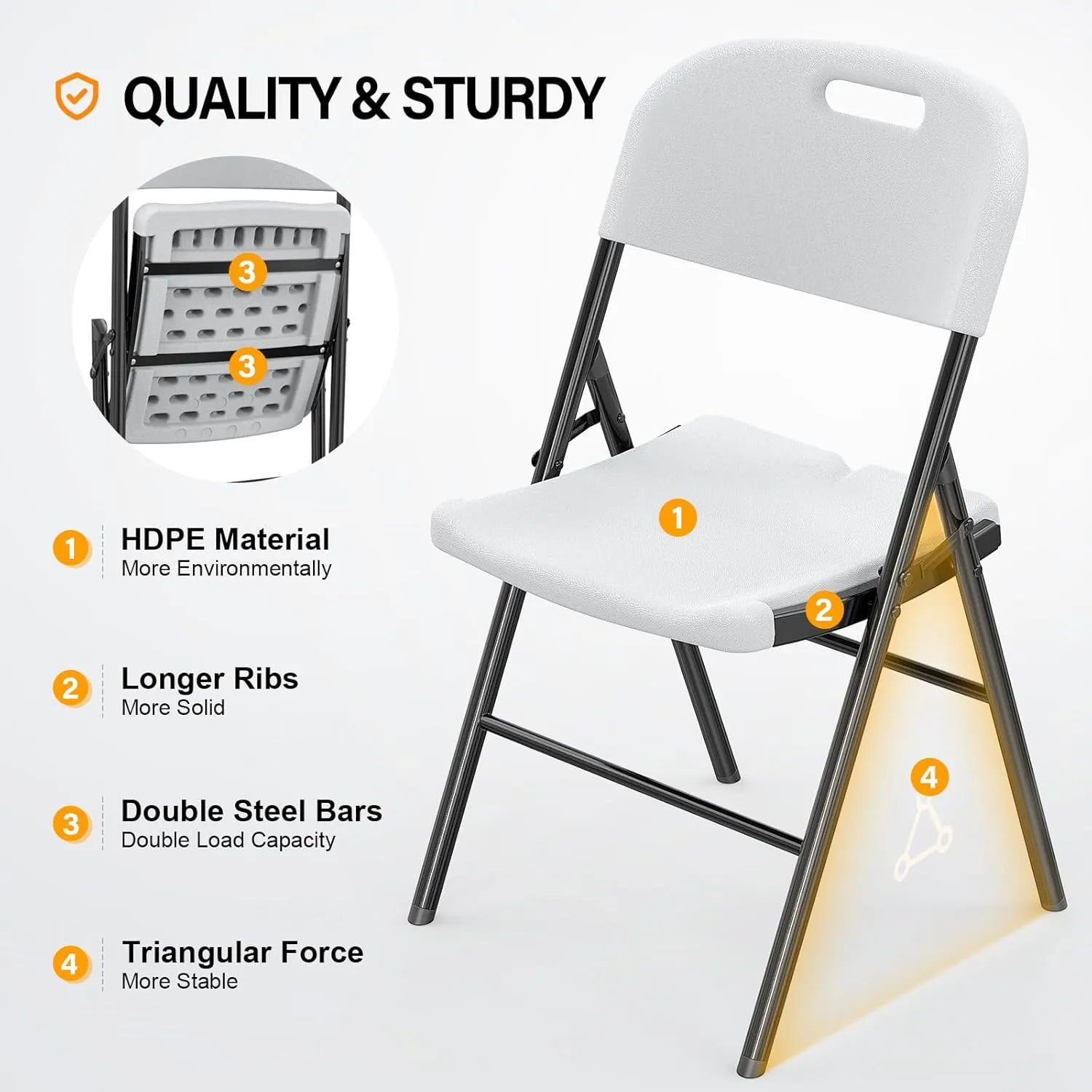VINGLI Folding Chairs, Heavy Duty Foldable Chair Portable HDPE Plastic Seat with Steel Frame for Indoor Outdoor Dinning Party Wedding School Use, White, 10 Pack