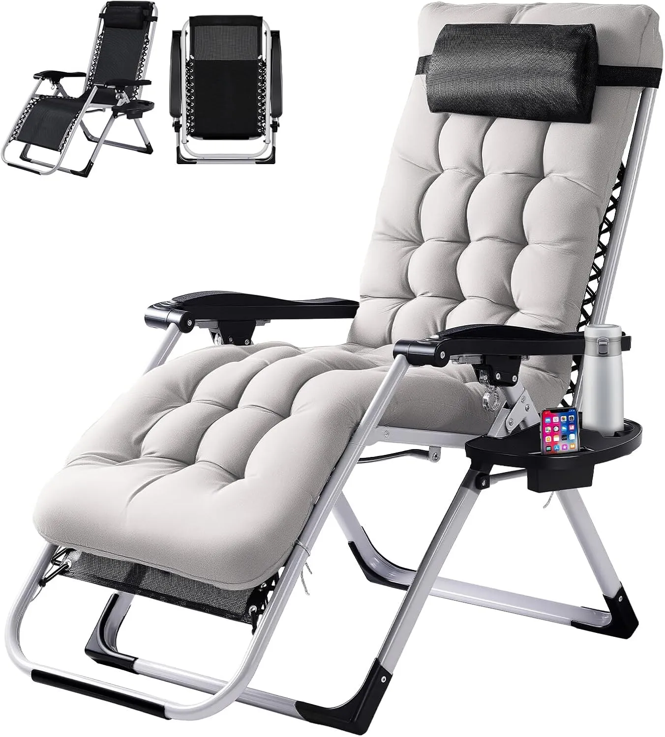 VINGLI Padded Zero Gravity Chair, Lounge Chair with Removable Cushion & Tray， Folding Reclining Patio Chairs， Recliner Chair for Lawn，Indoor and Outdoor