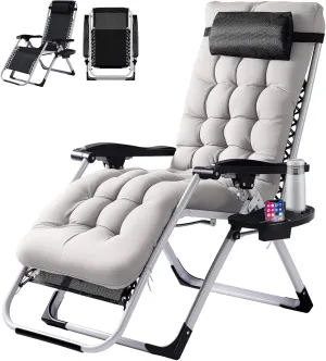 VINGLI Padded Zero Gravity Chair, Lounge Chair with Removable Cushion & Tray， Folding Reclining Patio Chairs， Recliner Chair for Lawn，Indoor and Outdoor