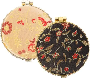 Vintage Compact Makeup Mirror - 2pcs Foldable Double Sided Brocade Pocket Mirror, Portable Travel Vanity Mirror for Women, Girls, Purse, Handbag, Random Style
