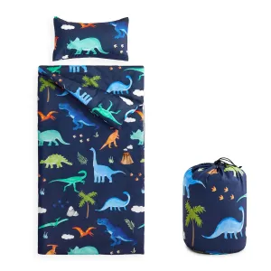 Wake In Cloud - Sleeping Bag for Kids Toddlers, Portable Compact Lightweight Backpacking Nap Mat with Pillow and Blanket, for Boys Girls, Cute Colorful Dinosaur, Navy Blue, 55" x 30"