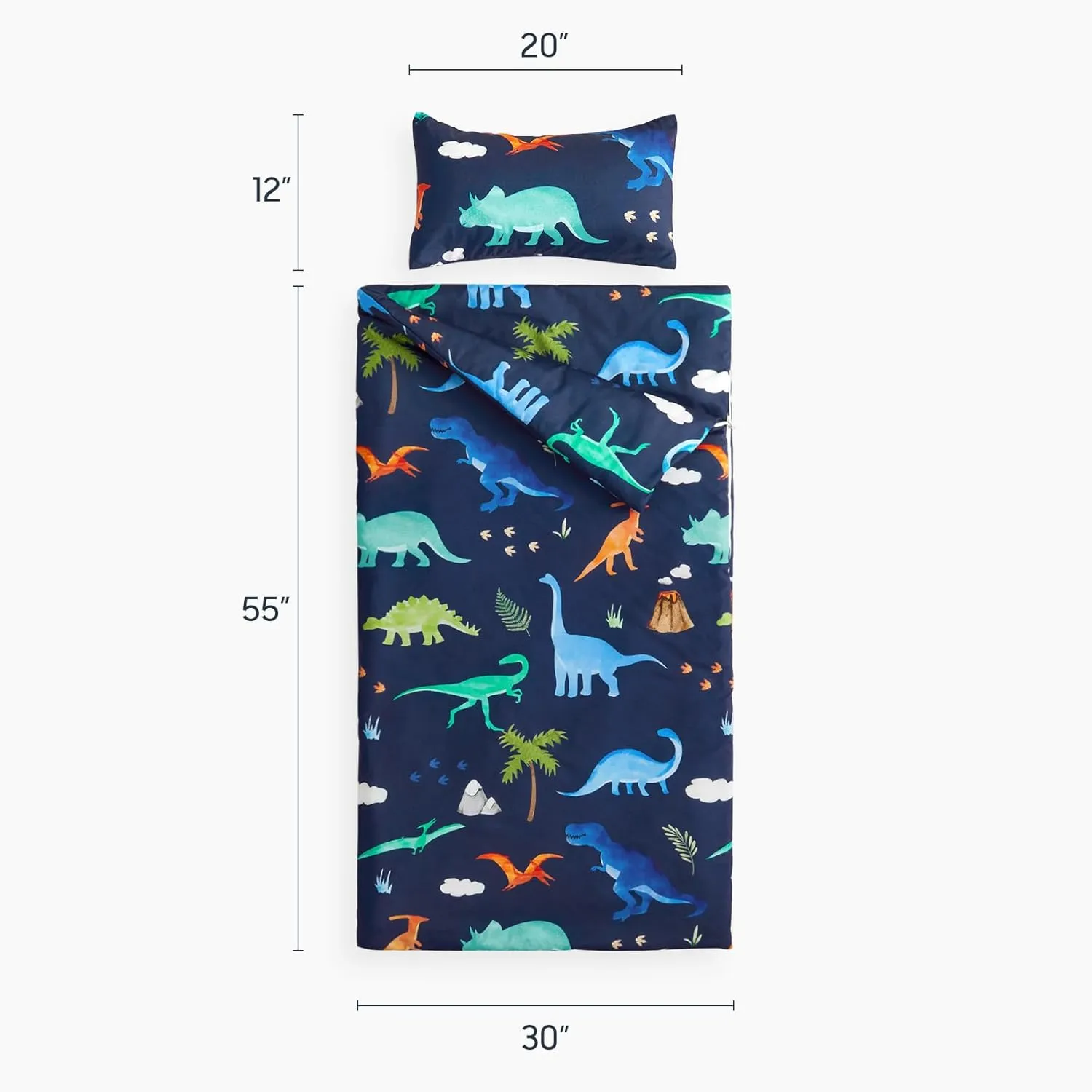 Wake In Cloud - Sleeping Bag for Kids Toddlers, Portable Compact Lightweight Backpacking Nap Mat with Pillow and Blanket, for Boys Girls, Cute Colorful Dinosaur, Navy Blue, 55" x 30"