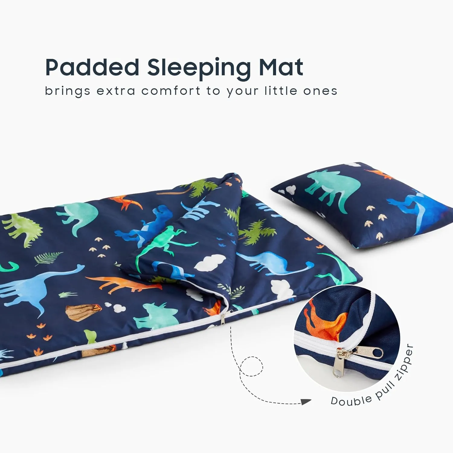 Wake In Cloud - Sleeping Bag for Kids Toddlers, Portable Compact Lightweight Backpacking Nap Mat with Pillow and Blanket, for Boys Girls, Cute Colorful Dinosaur, Navy Blue, 55" x 30"
