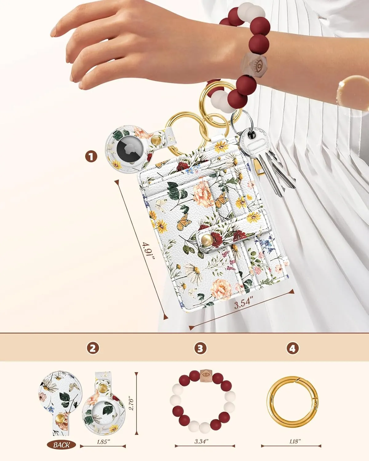 Wallet Keychain Wristlet for Women with AirTag Holder - Cute Design Credit Card Holder Wallets Key Chain Ring Slim Small RFID Air Tag Coin Pocket Purse for Ladies Girls Female,Retro Flower